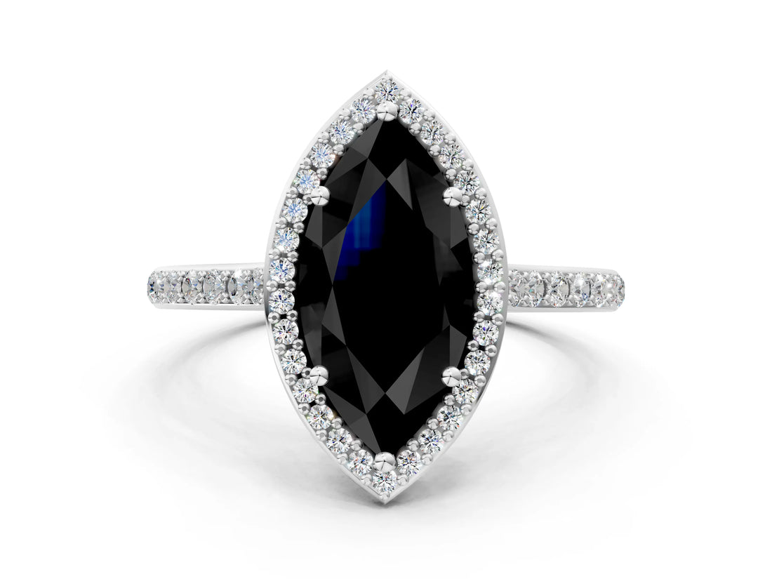White gold Fancy Black Marquise Cut Halo Round Diamond Pavé Band with Four-Prong Setting_15