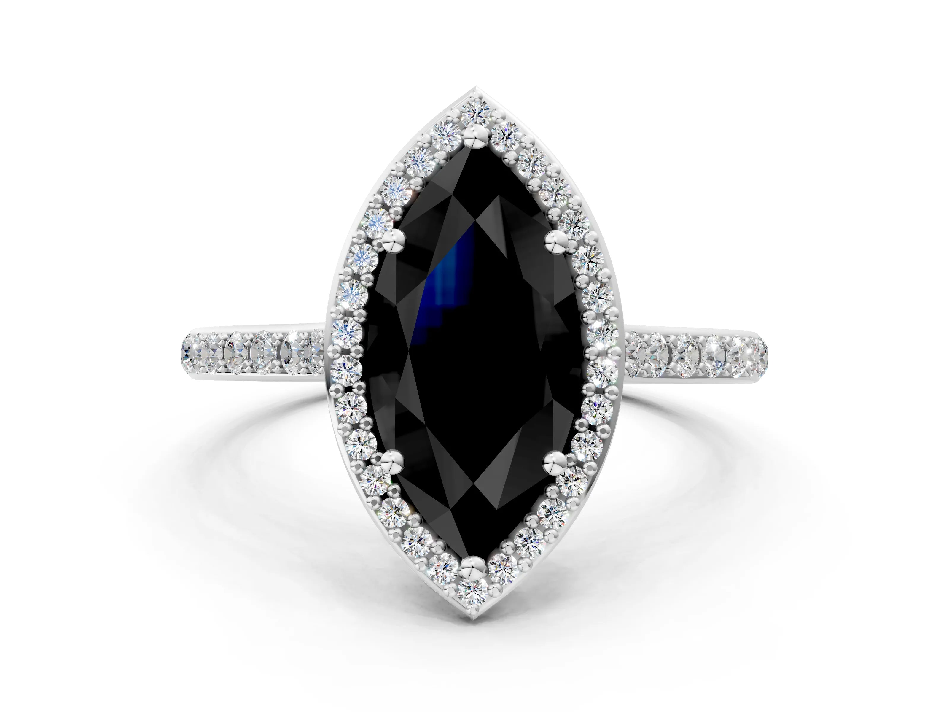 White gold Fancy Black Marquise Cut Halo Round Diamond Pavé Band with Four-Prong Setting_15