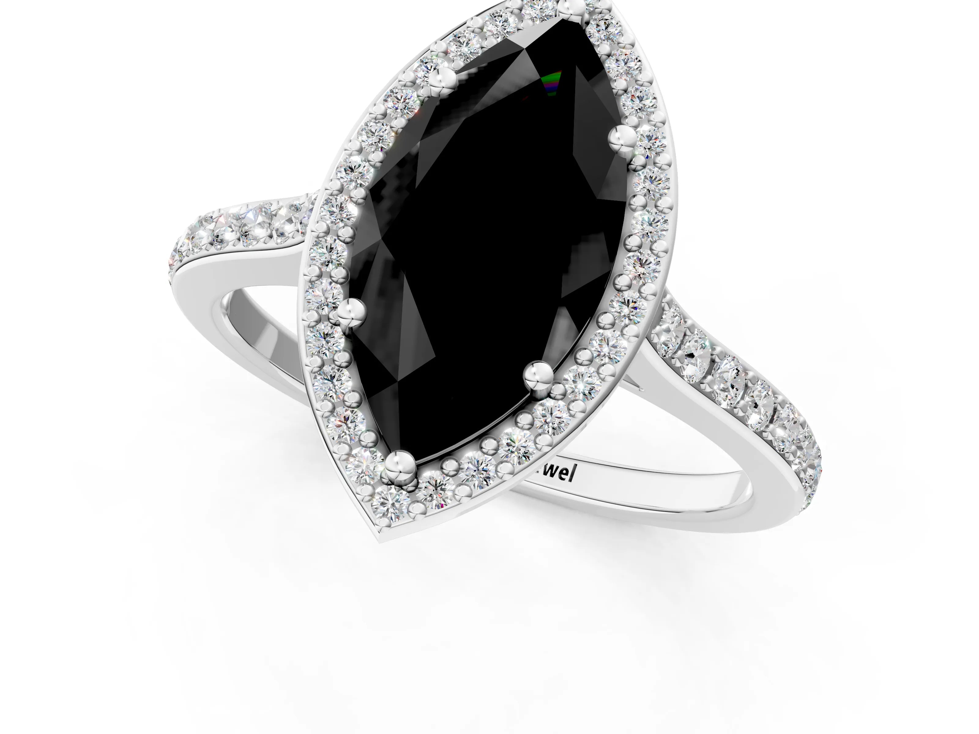 White gold Fancy Black Marquise Cut Halo Round Diamond Pavé Band with Four-Prong Setting_16
