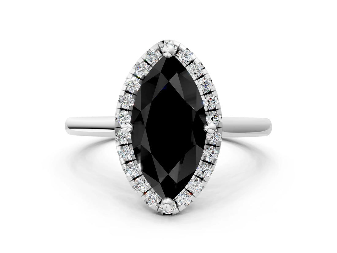 White gold Fancy Black Marquise Cut Halo Round Diamond Solitaire Engagement Ring with Pave Band and Four-Prong Setting_24
