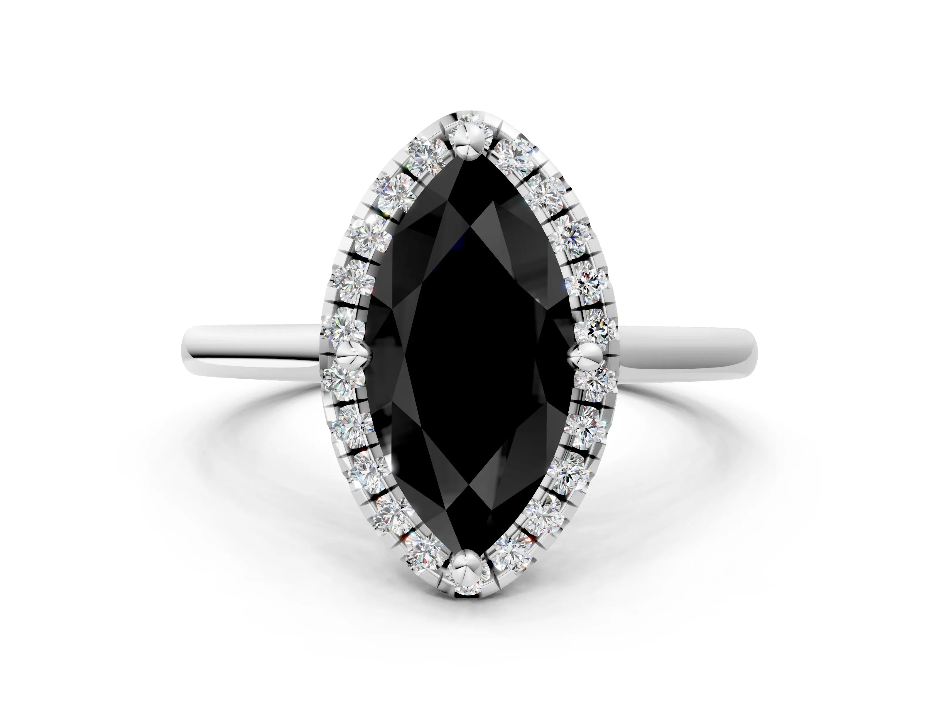 White gold Fancy Black Marquise Cut Halo Round Diamond Solitaire Engagement Ring with Pave Band and Four-Prong Setting_24