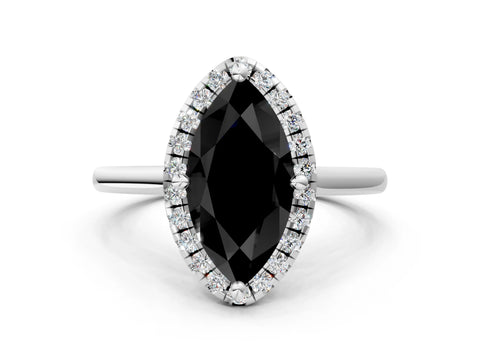 White gold Fancy Black Marquise Cut Halo Round Diamond Solitaire Engagement Ring with Pave Band and Four-Prong Setting_24