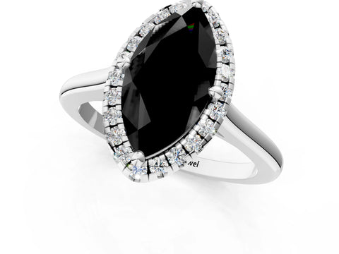 White gold Fancy Black Marquise Cut Halo Round Diamond Solitaire Engagement Ring with Pave Band and Four-Prong Setting_25