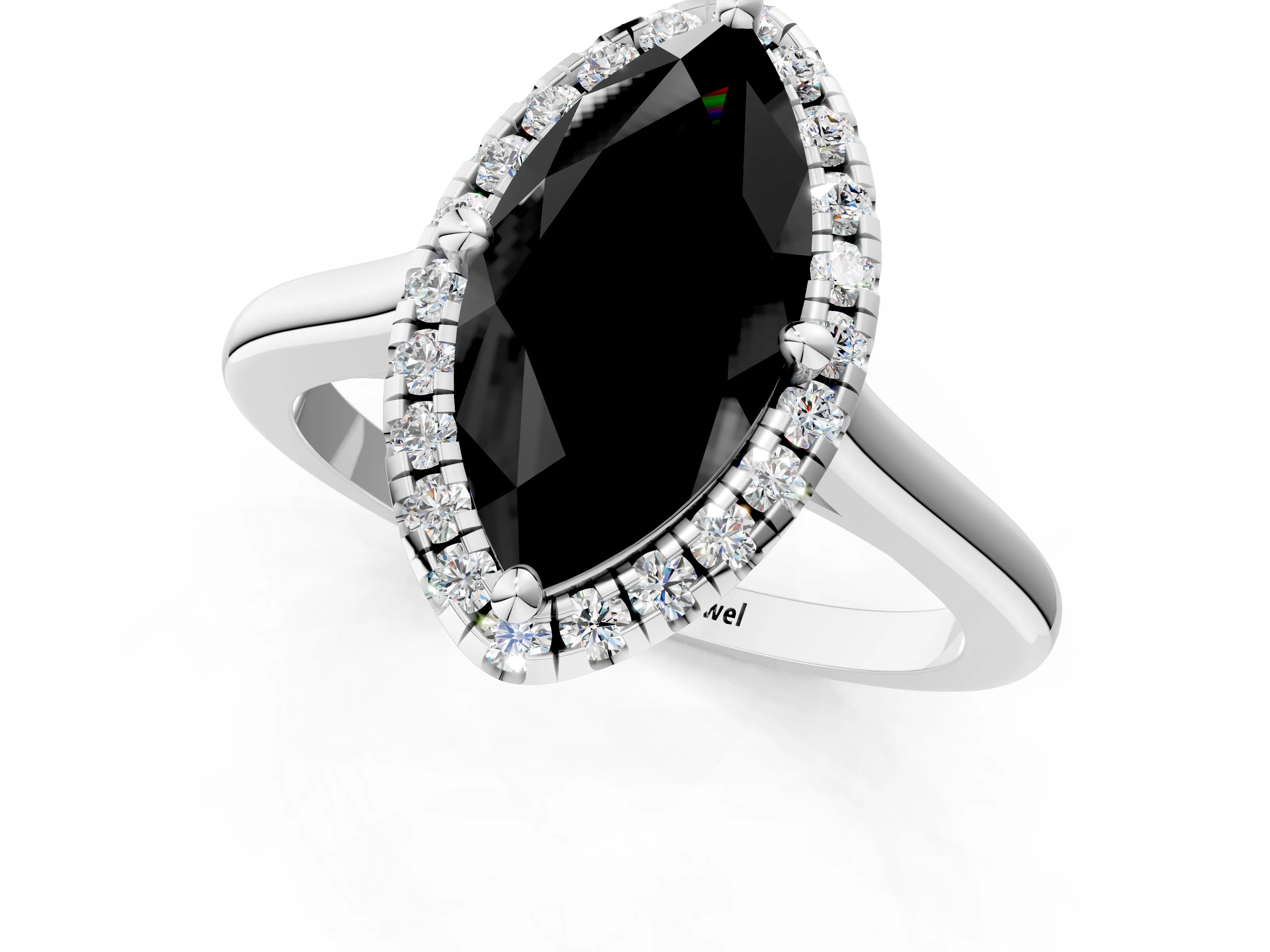 White gold Fancy Black Marquise Cut Halo Round Diamond Solitaire Engagement Ring with Pave Band and Four-Prong Setting_25