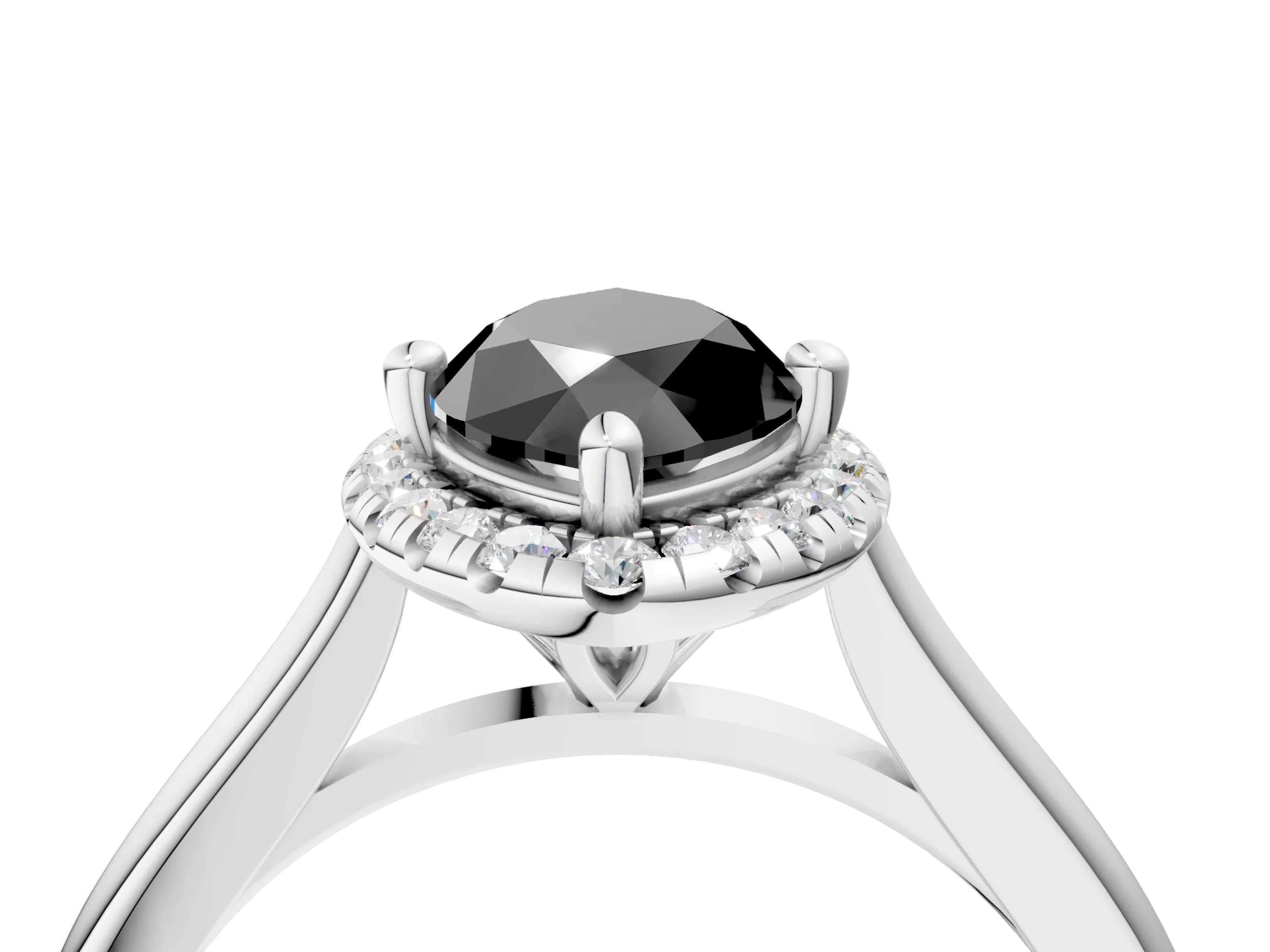 White gold Fancy Black Marquise Cut Halo Round Diamond Solitaire Engagement Ring with Pave Band and Four-Prong Setting_28