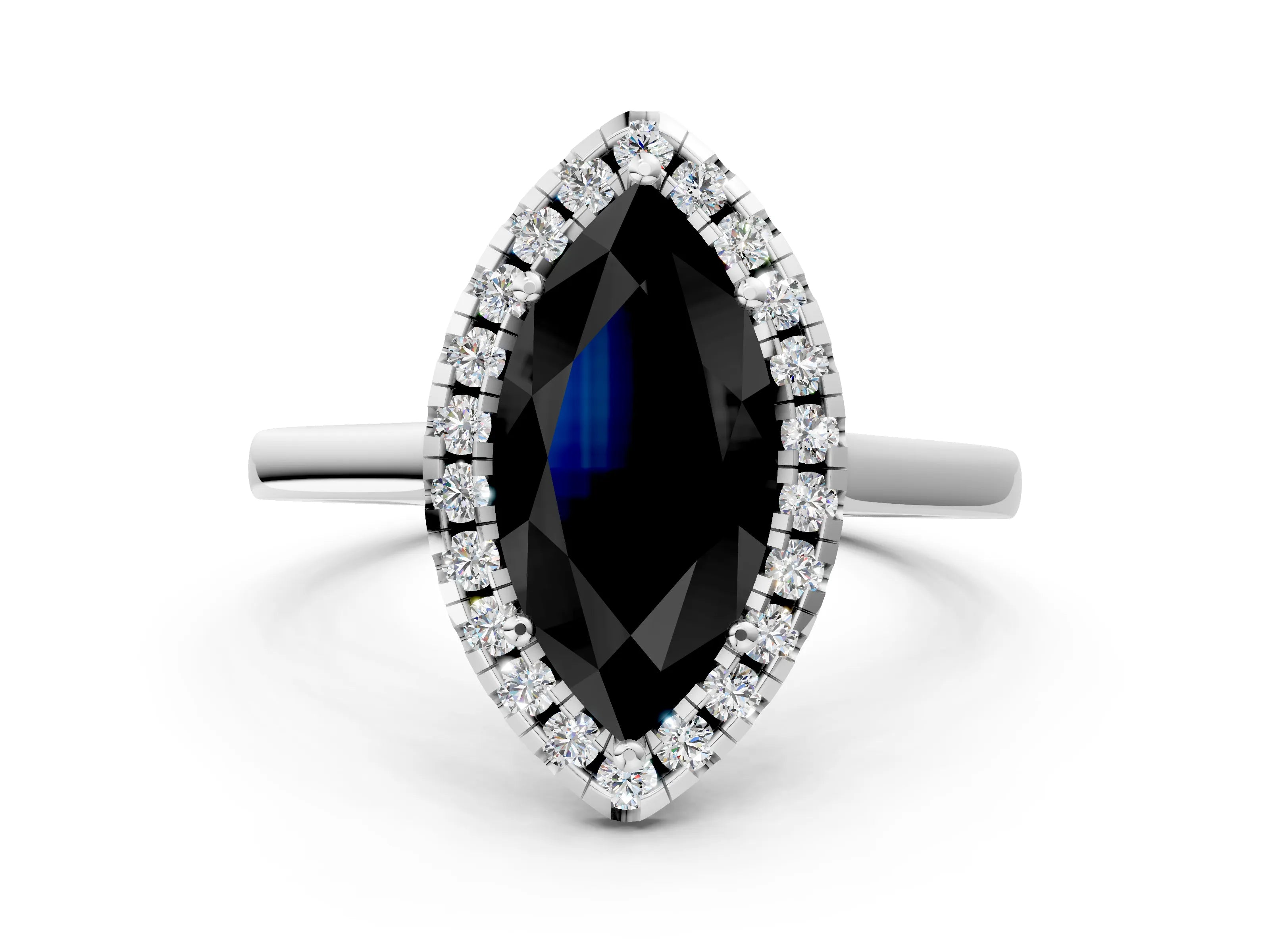 White gold Fancy Black Marquise Cut Halo Round Diamond Solitaire Ring with Pavé Band and Four-Prong Setting