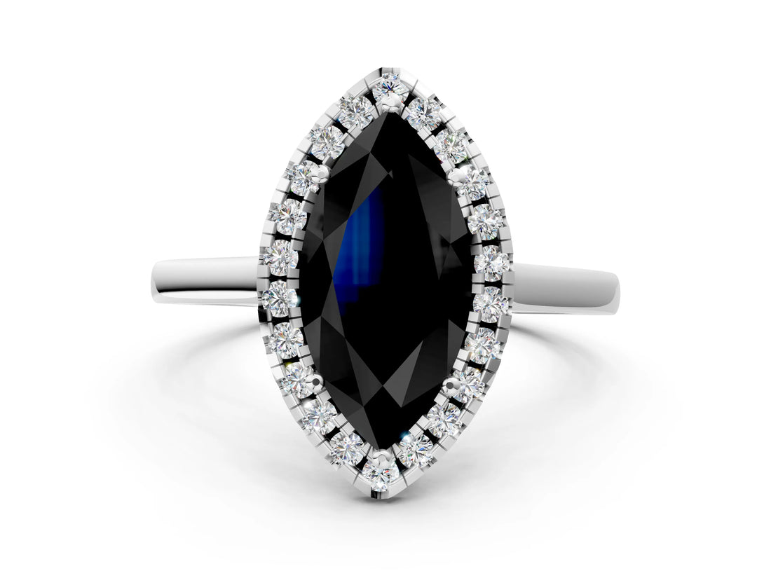 White gold Fancy Black Marquise Cut Halo Round Diamond Solitaire Ring with Pavé Band and Four-Prong Setting