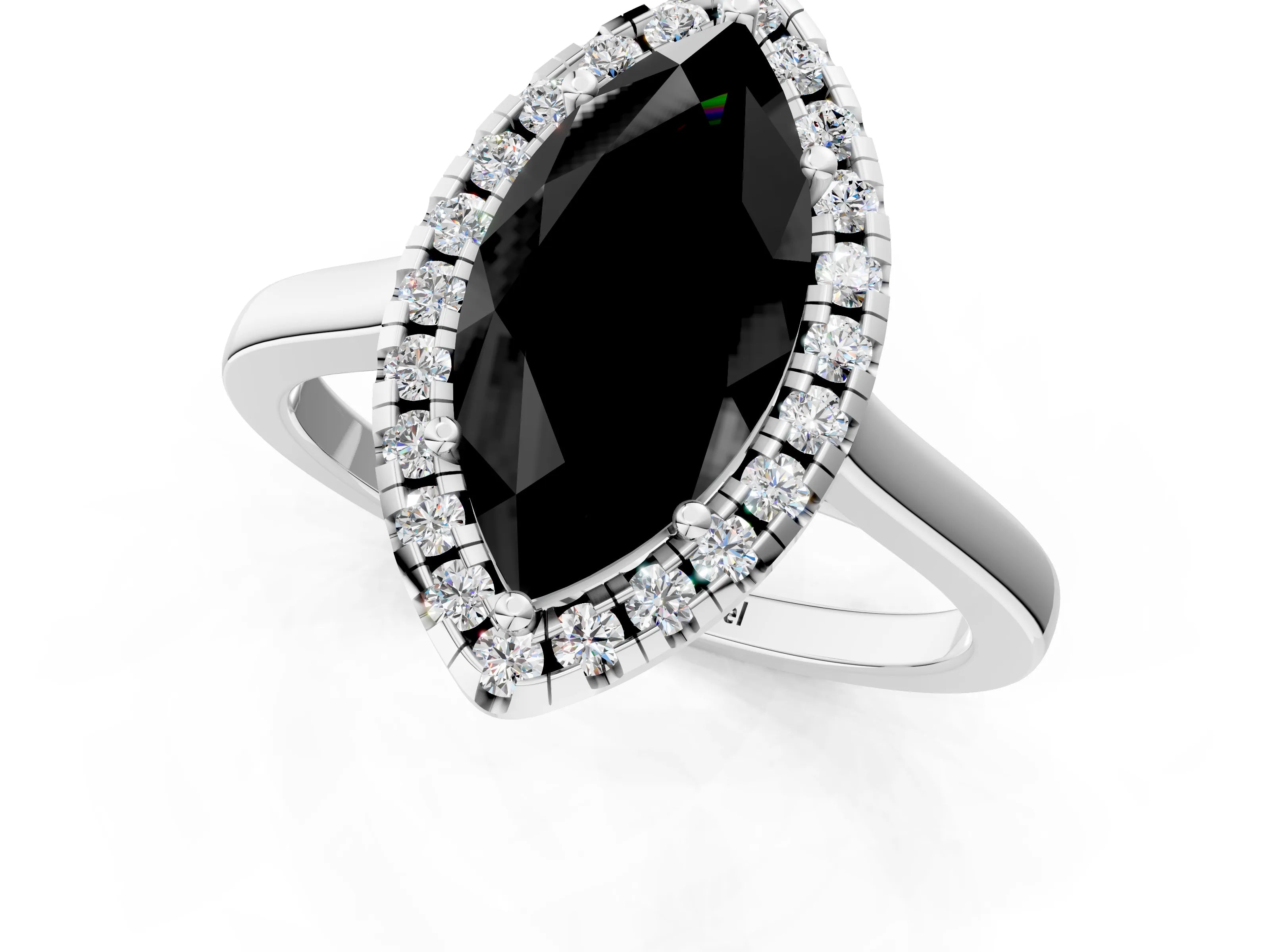 White gold Fancy Black Marquise Cut Halo Round Diamond Solitaire Ring with Pavé Band and Four-Prong Setting_1
