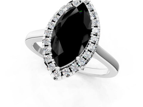 White gold Fancy Black Marquise Cut Halo Round Diamond Solitaire Ring with Pavé Band and Four-Prong Setting_1