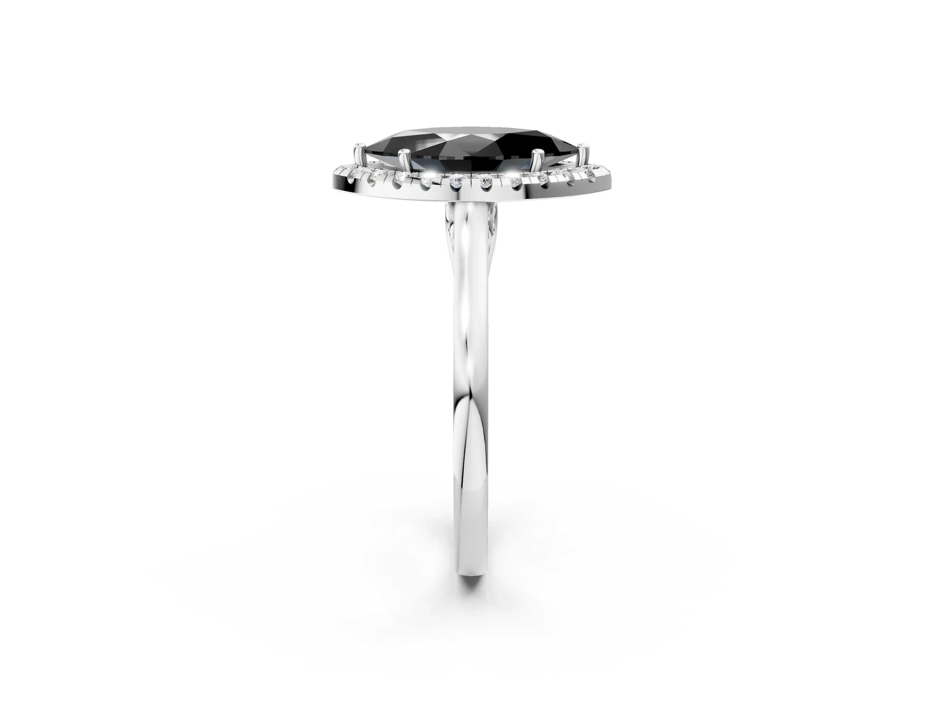 White gold Fancy Black Marquise Cut Halo Round Diamond Solitaire Ring with Pavé Band and Four-Prong Setting_2