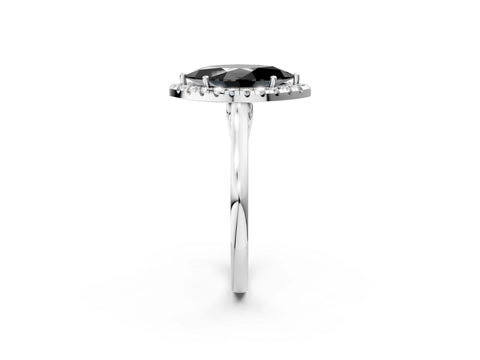 White gold Fancy Black Marquise Cut Halo Round Diamond Solitaire Ring with Pavé Band and Four-Prong Setting_2