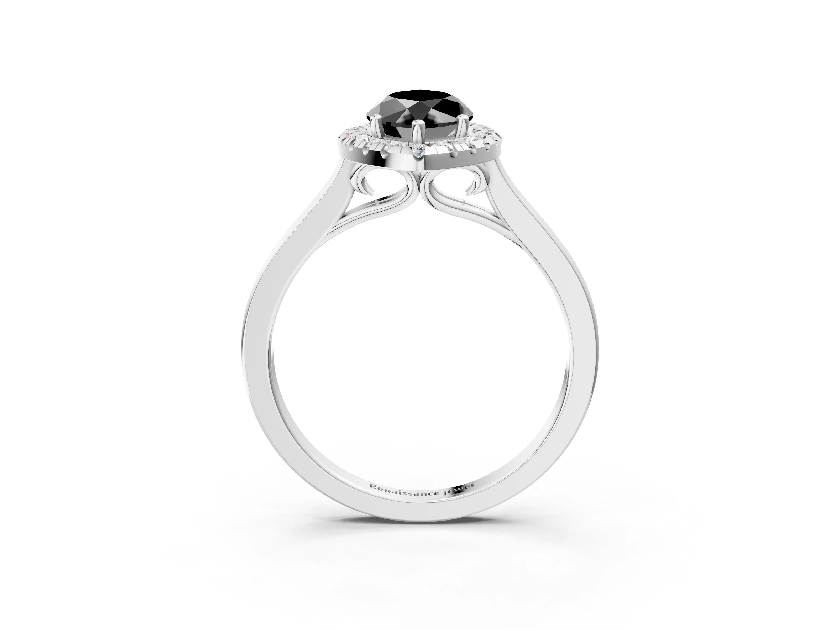 White gold Fancy Black Marquise Cut Halo Round Diamond Solitaire Ring with Pavé Band and Four-Prong Setting_3
