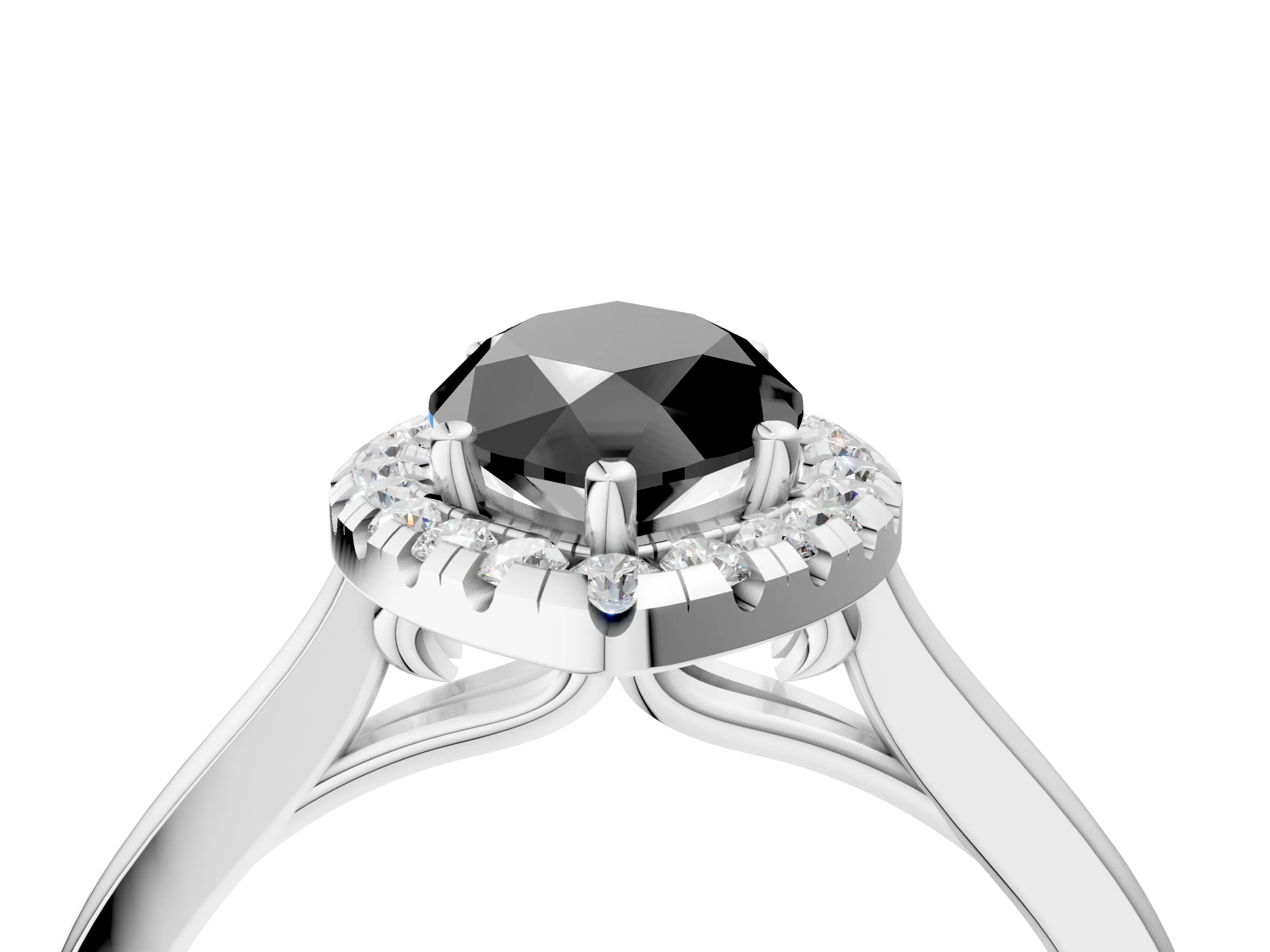 White gold Fancy Black Marquise Cut Halo Round Diamond Solitaire Ring with Pavé Band and Four-Prong Setting_4