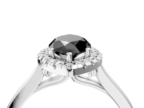 White gold Fancy Black Marquise Cut Halo Round Diamond Solitaire Ring with Pavé Band and Four-Prong Setting_4