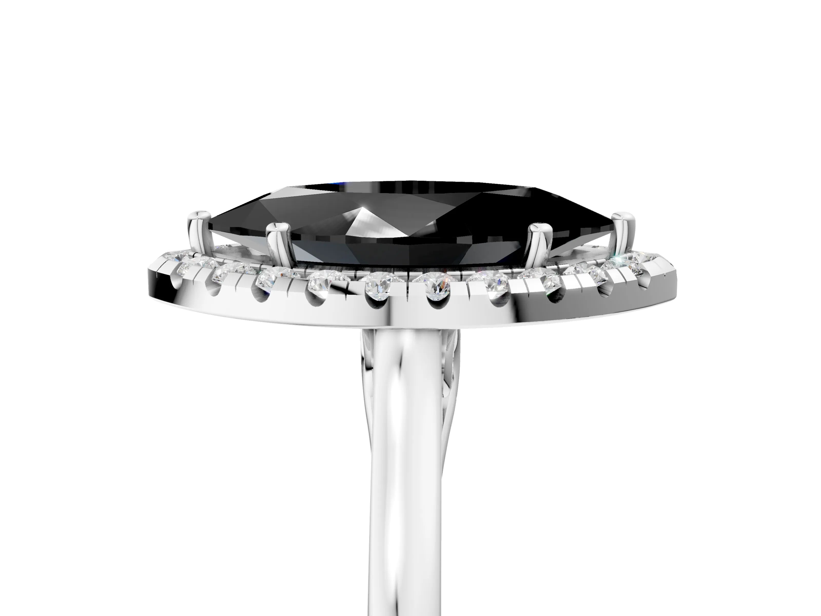 White gold Fancy Black Marquise Cut Halo Round Diamond Solitaire Ring with Pavé Band and Four-Prong Setting_5