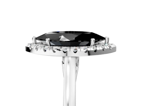 White gold Fancy Black Marquise Cut Halo Round Diamond Solitaire Ring with Pavé Band and Four-Prong Setting_5
