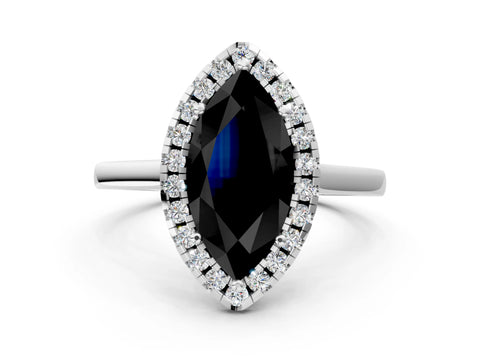White gold Fancy Black Marquise Cut Halo Round Diamond Solitaire Ring with Pavé Band and Four-Prong Setting