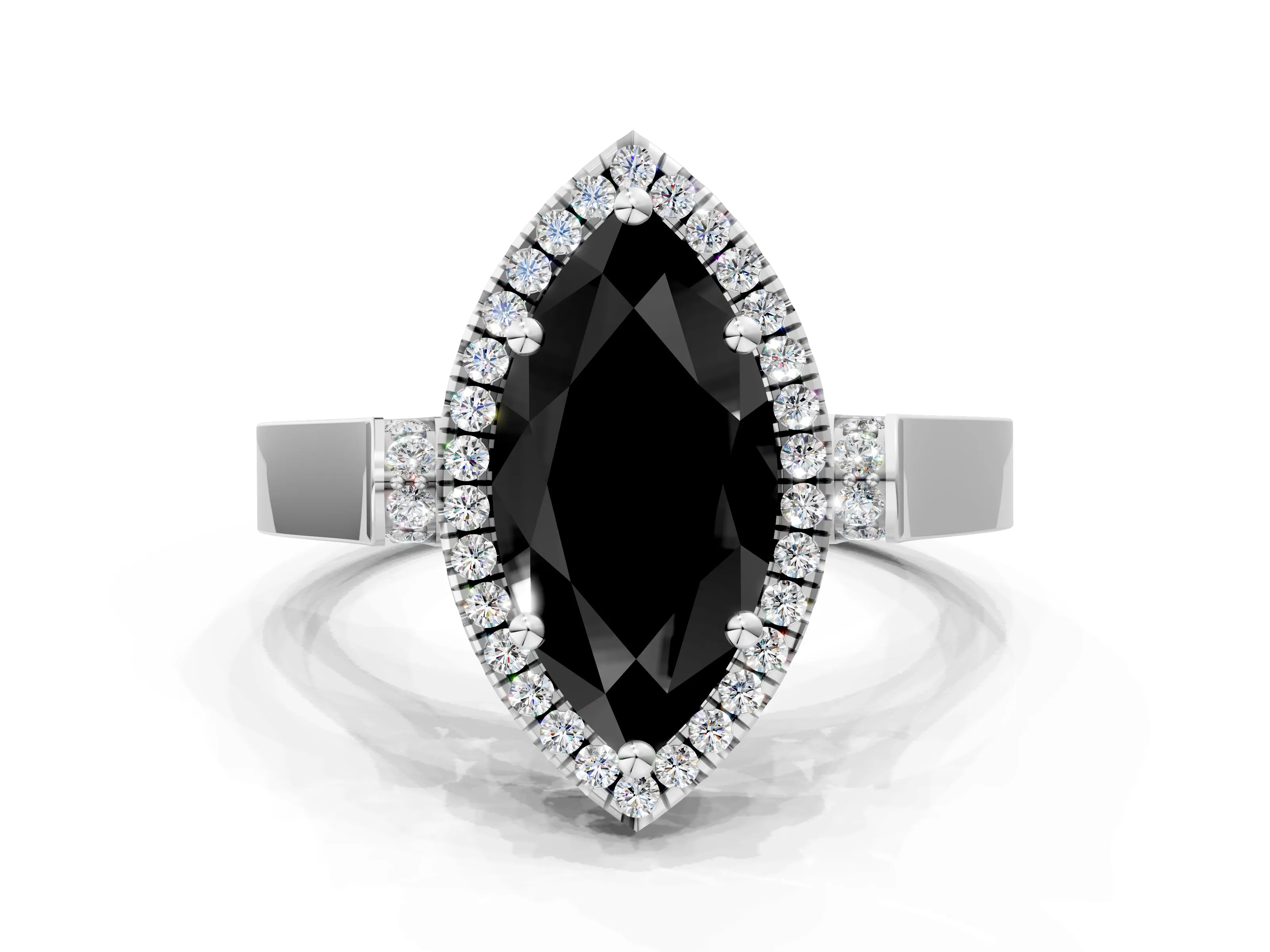 White gold Fancy Black Marquise Cut Halo Round Diamond Twist Band with Four-Prong Setting