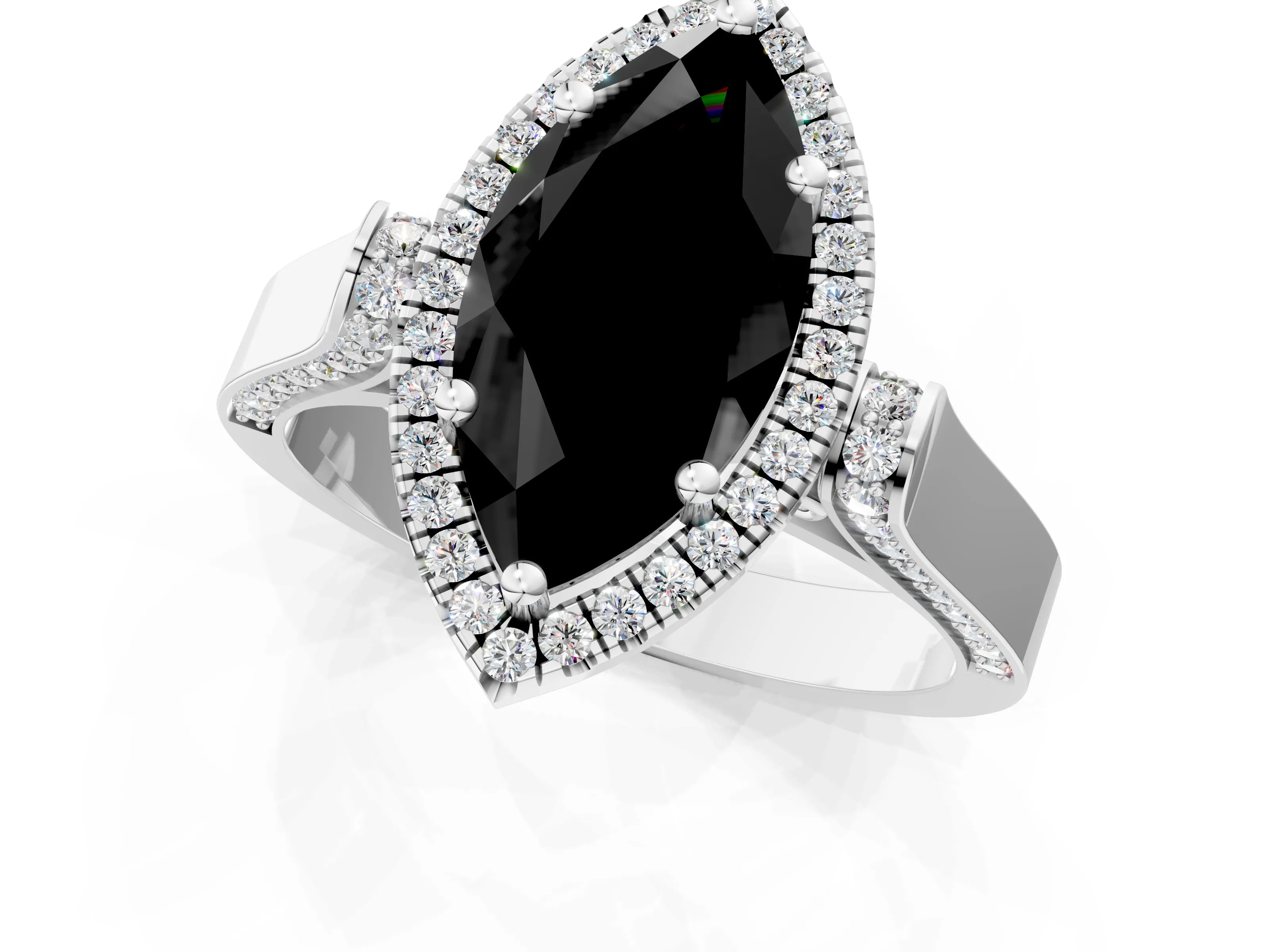 White gold Fancy Black Marquise Cut Halo Round Diamond Twist Band with Four-Prong Setting_1
