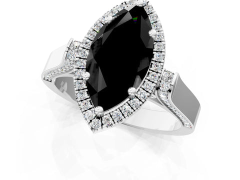 White gold Fancy Black Marquise Cut Halo Round Diamond Twist Band with Four-Prong Setting_1