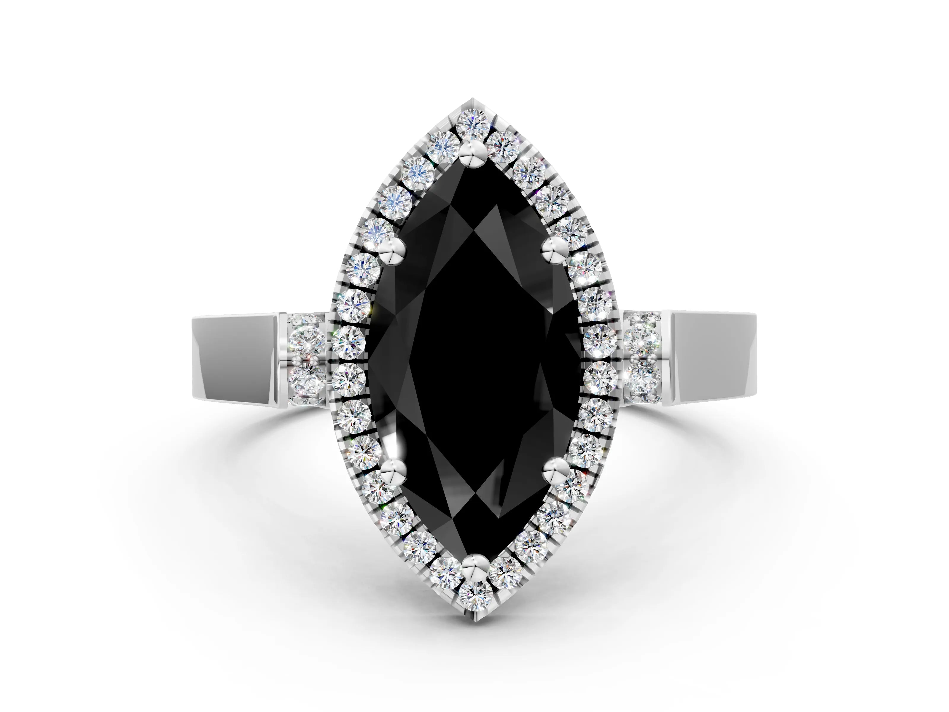 White gold Fancy Black Marquise Cut Halo Round Diamond Twist Band with Four-Prong Setting_24