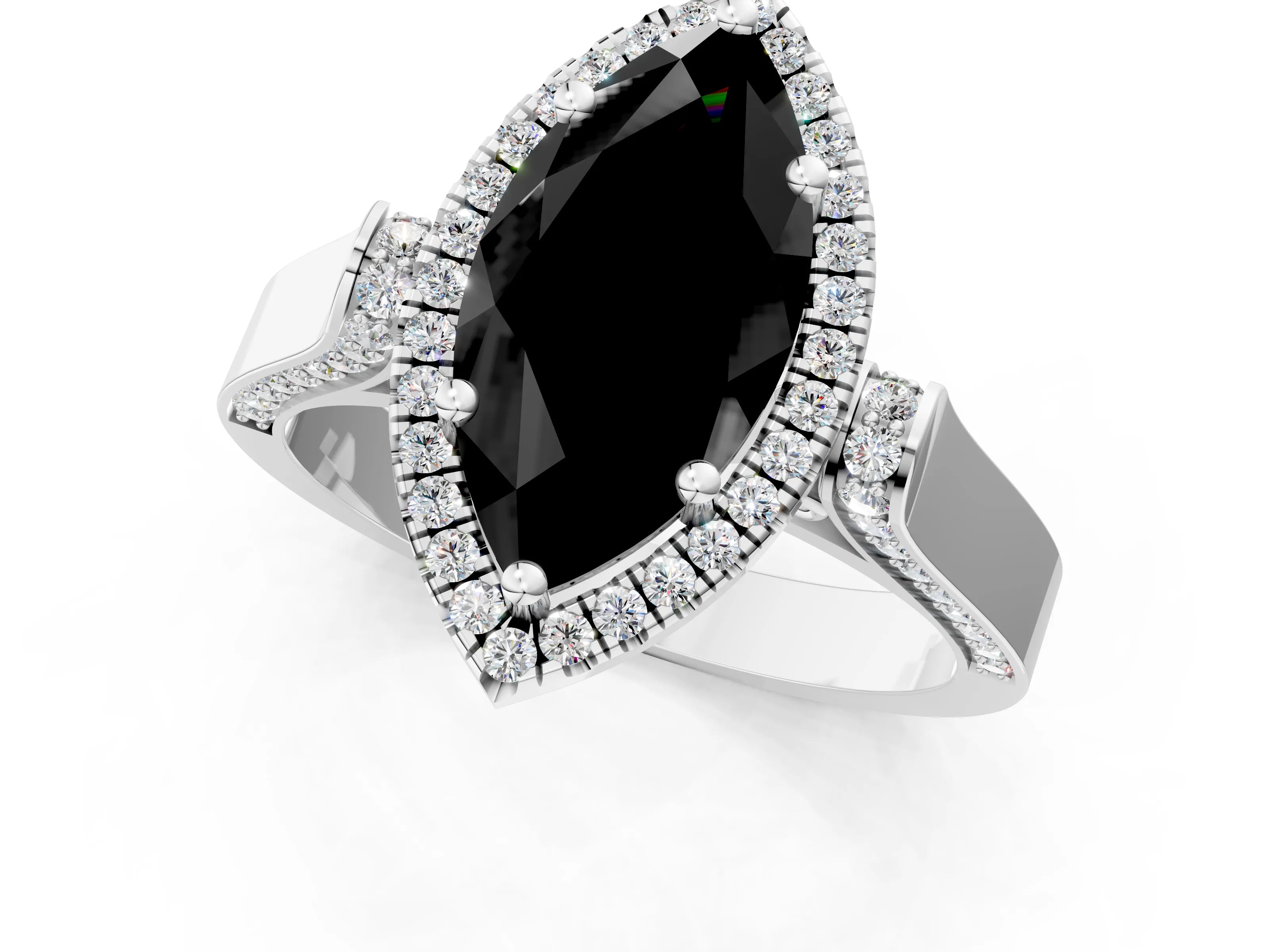 White gold Fancy Black Marquise Cut Halo Round Diamond Twist Band with Four-Prong Setting_25