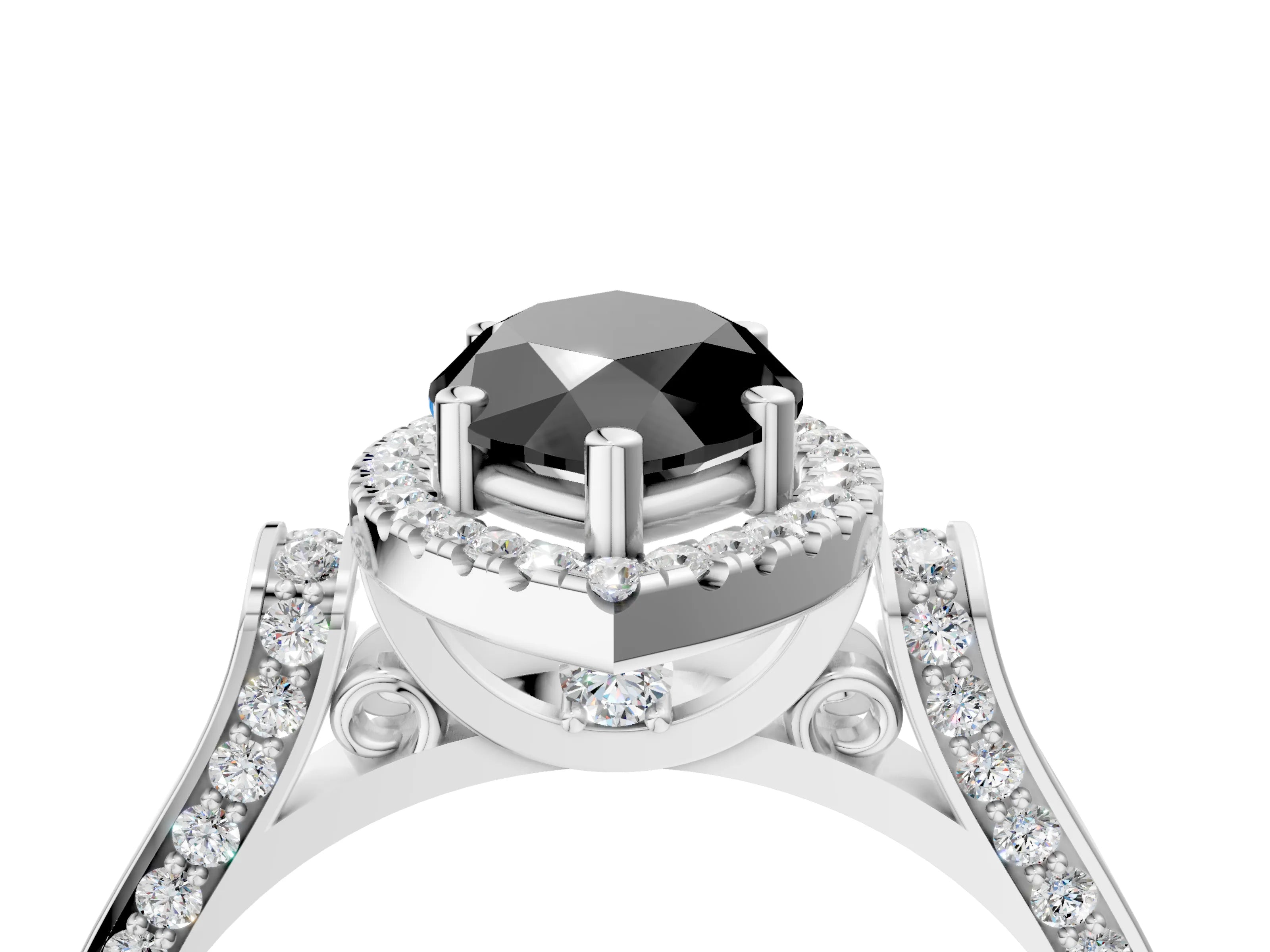 White gold Fancy Black Marquise Cut Halo Round Diamond Twist Band with Four-Prong Setting_28