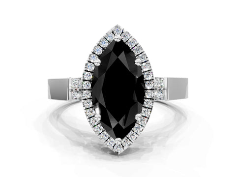 White gold Fancy Black Marquise Cut Halo Round Diamond Twist Band with Four-Prong Setting