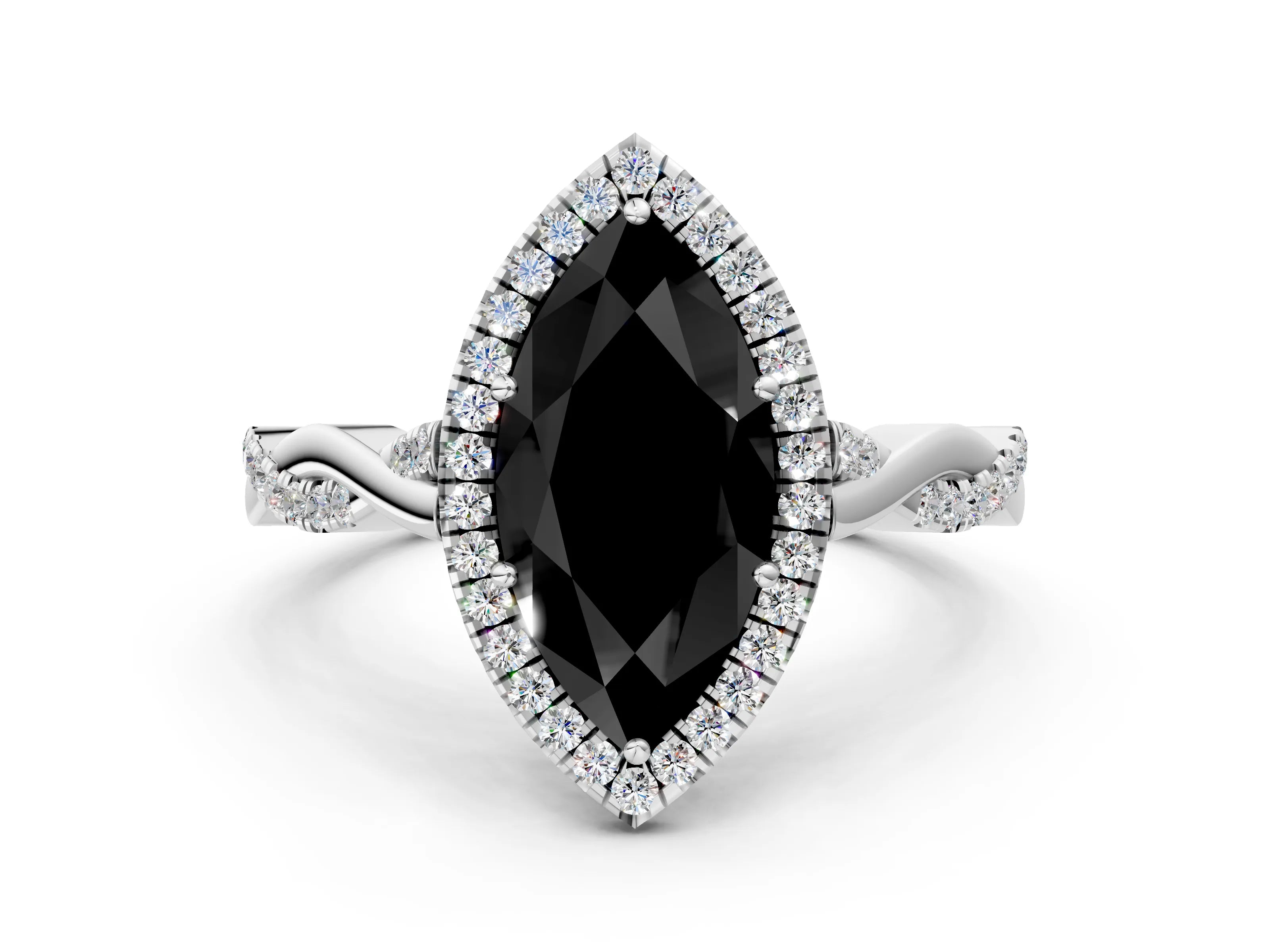 White gold Fancy Black Marquise Cut Halo Twist Band with Four-Prong Setting_84
