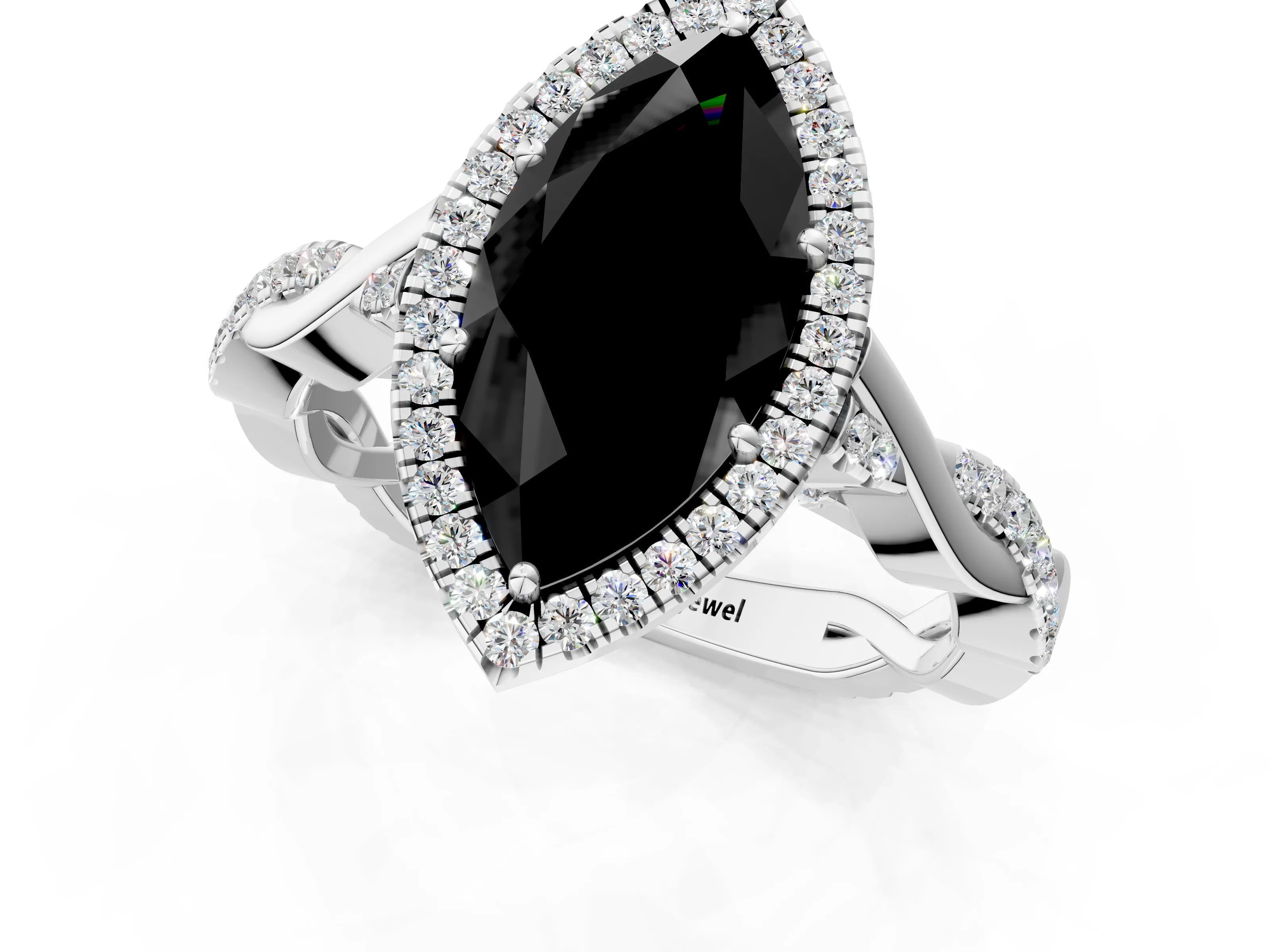 White gold Fancy Black Marquise Cut Halo Twist Band with Four-Prong Setting_85