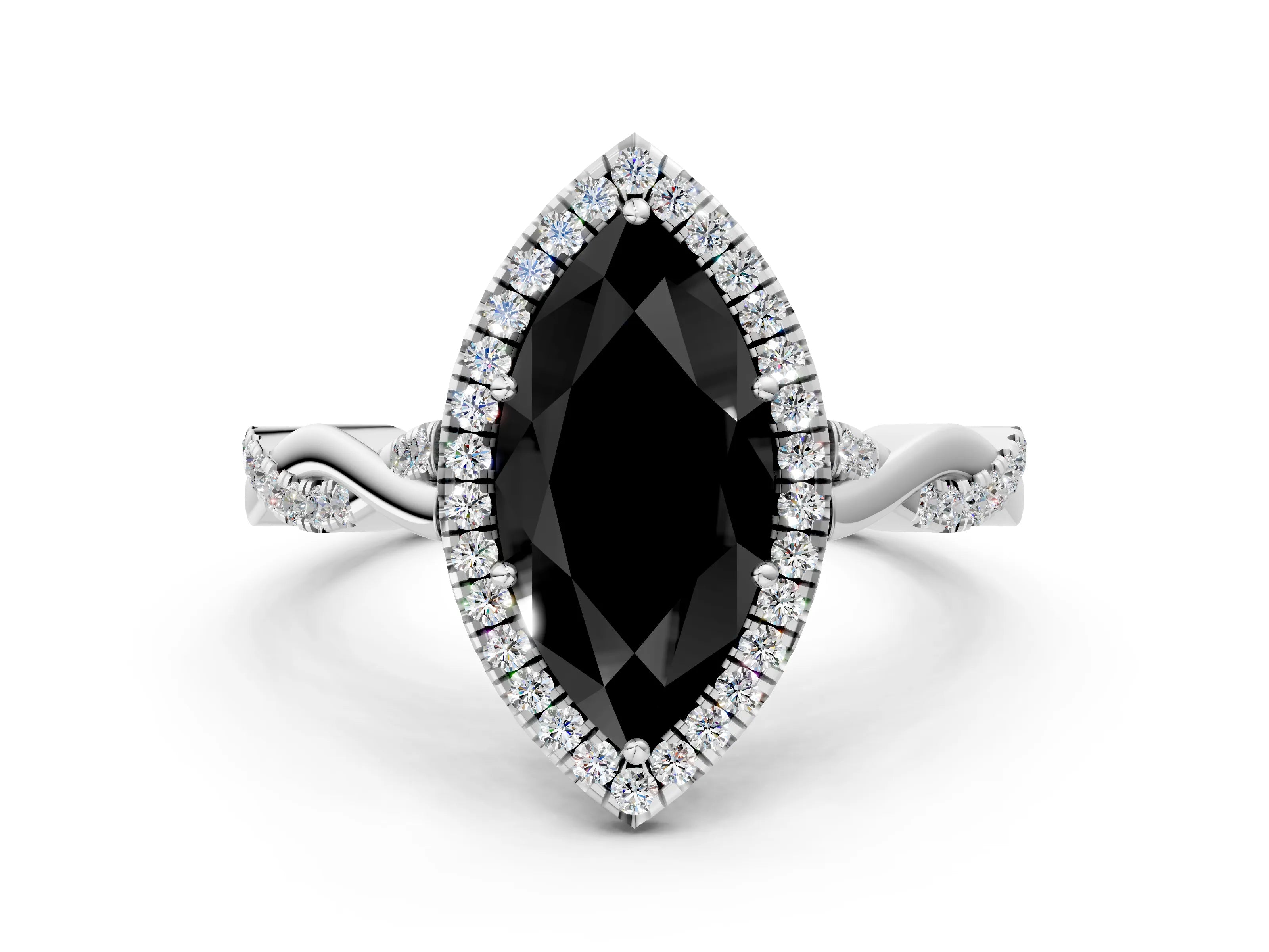 White gold Fancy Black Marquise Cut Halo Twist Band with Four-Prong Setting