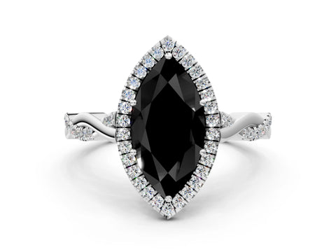 White gold Fancy Black Marquise Cut Halo Twist Band with Four-Prong Setting