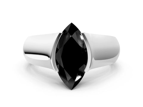 White gold Fancy Black Marquise Cut Solitaire Bezel Set Diamond Ring with Wide Band_12