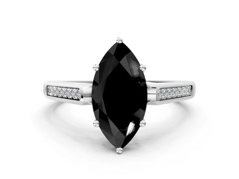 White gold Fancy Black Marquise Cut Solitaire Cathedral Diamond Engagement Ring with Channel-Set Band and Four-Prong Setting_3