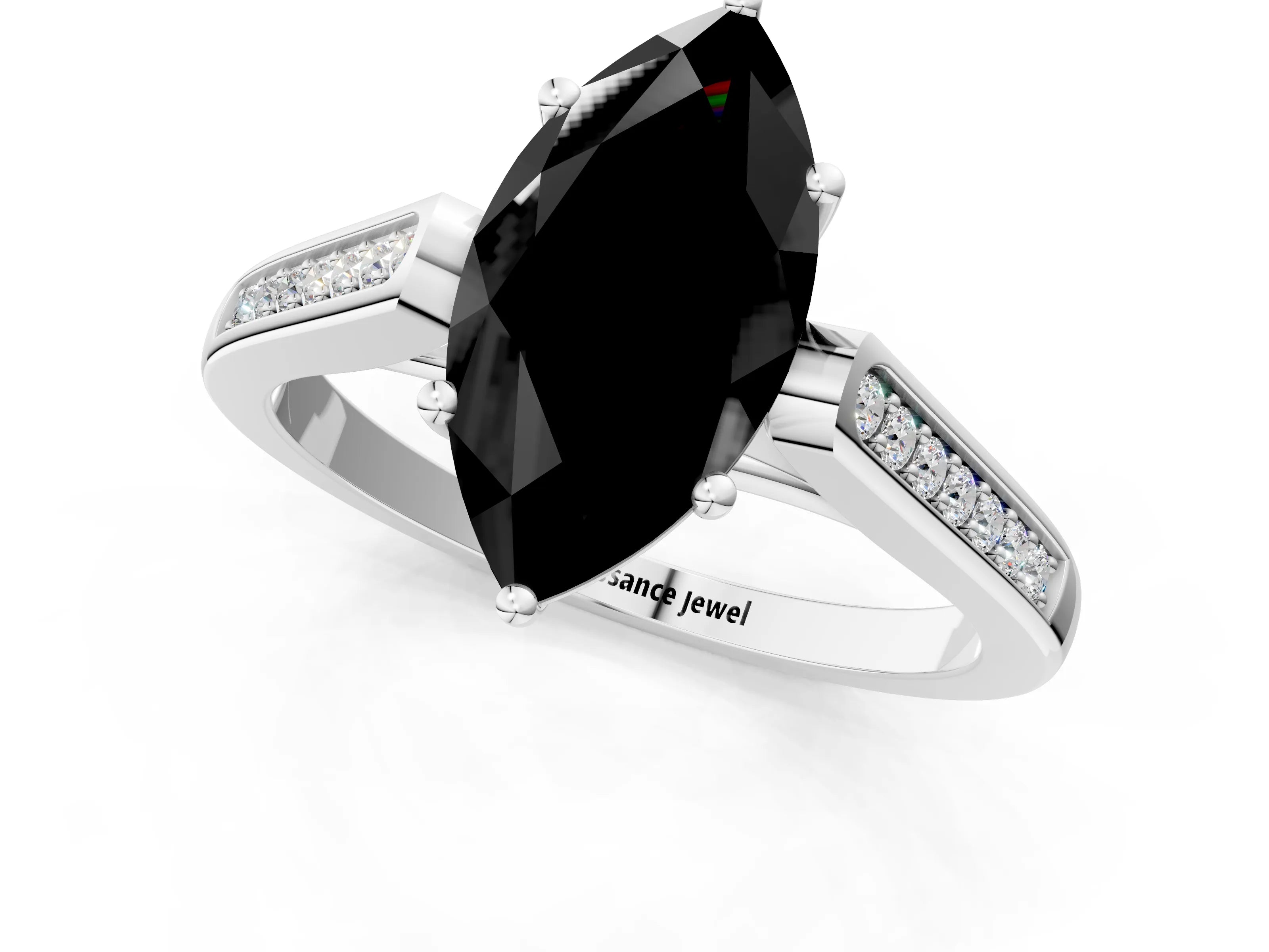 White gold Fancy Black Marquise Cut Solitaire Cathedral Diamond Engagement Ring with Channel-Set Band and Four-Prong Setting_4