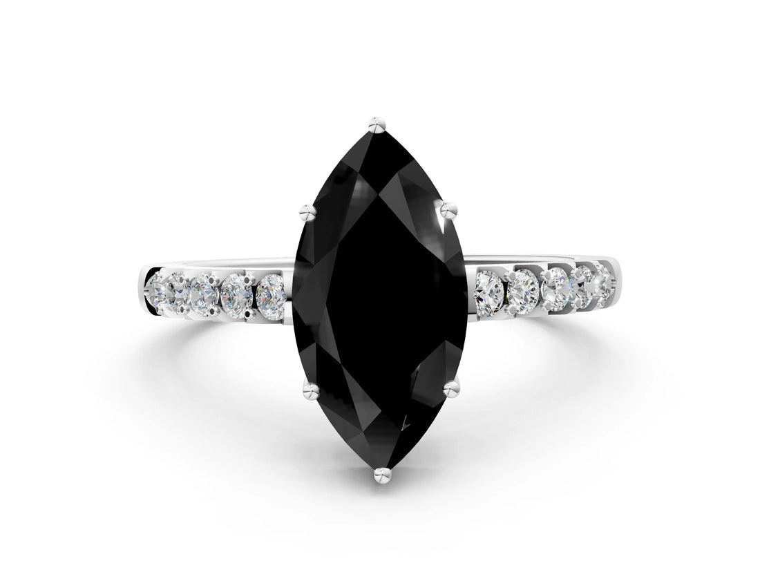 White gold Fancy Black Marquise Cut Solitaire Diamond Engagement Ring with Pavé Band and Six-Prong Setting_12