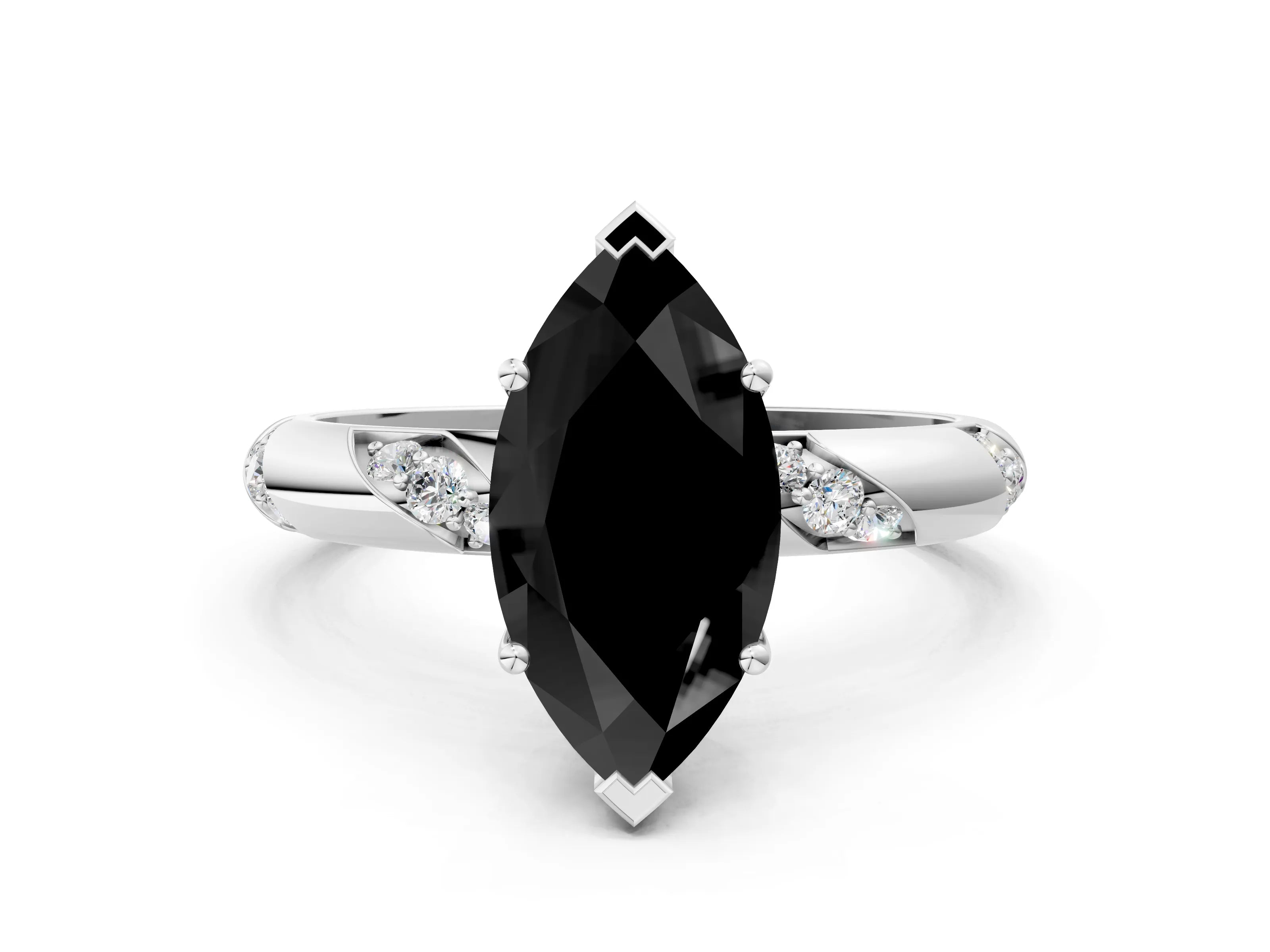 White gold Fancy Black Marquise Cut Solitaire Diamond Engagement Ring with Twisted Pave Band and Four-Prong Setting_19