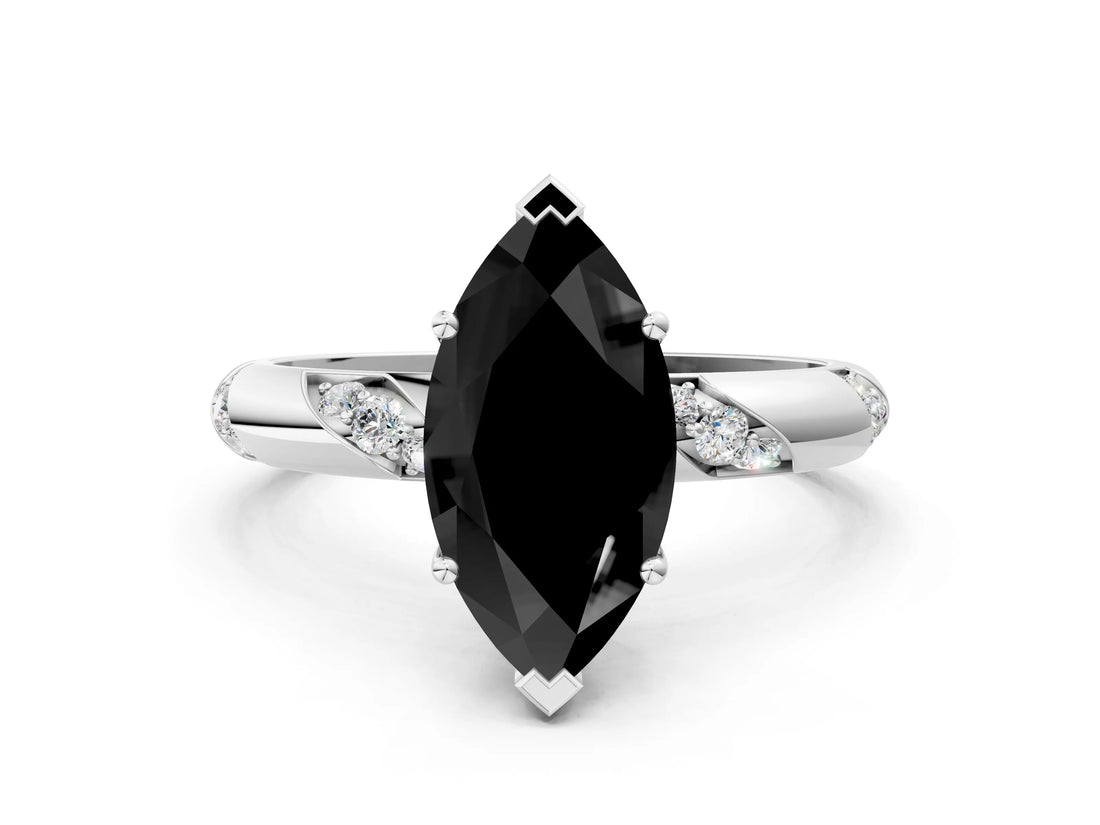 White gold Fancy Black Marquise Cut Solitaire Diamond Engagement Ring with Twisted Pave Band and Four-Prong Setting_19