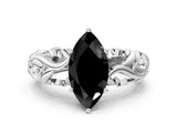White gold Fancy Black Marquise Cut Solitaire Diamond Leaf-Inspired Vine Band Ring with Prong Setting