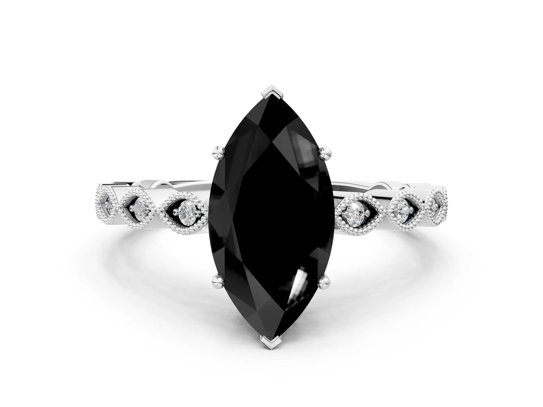 White gold Fancy Black Marquise Cut Solitaire Diamond Ring with Infinity Twist Band and Four-Prong Setting_12