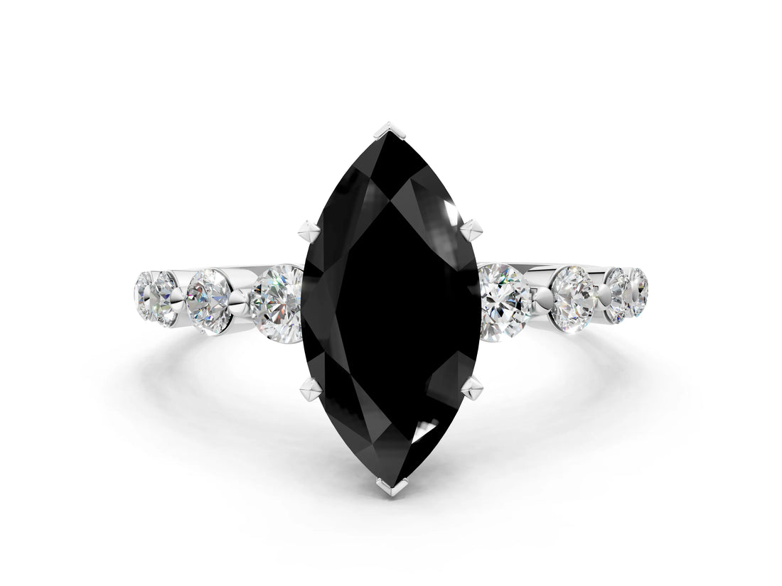 White gold Fancy Black Marquise Cut Solitaire Diamond Ring with Pave Band and Four-Prong Setting