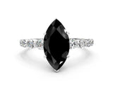 White gold Fancy Black Marquise Cut Solitaire Diamond Ring with Pave Band and Four-Prong Setting