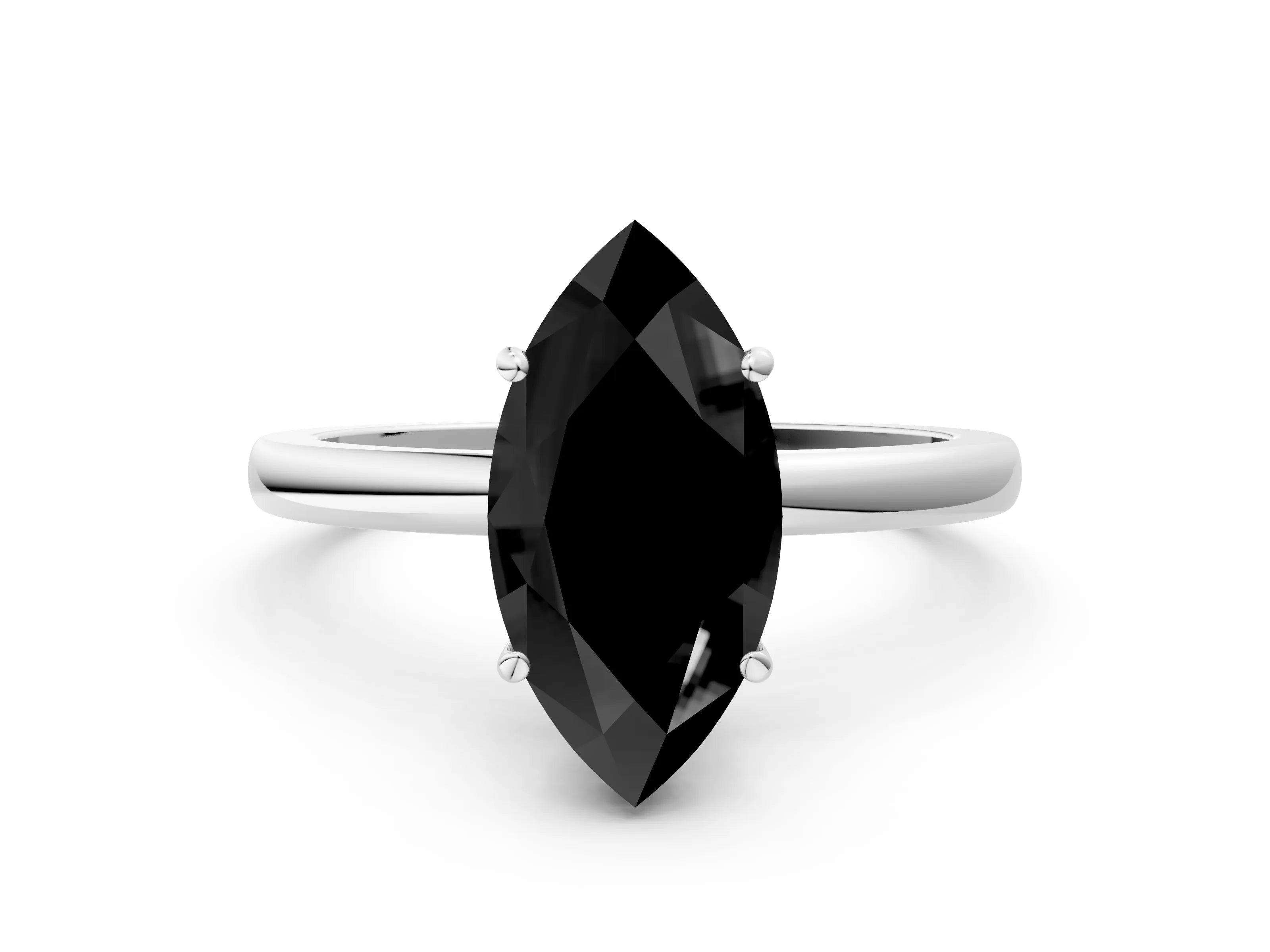 White gold Fancy Black Marquise Cut Solitaire Diamond Ring with Prong Setting and Plain Band_12