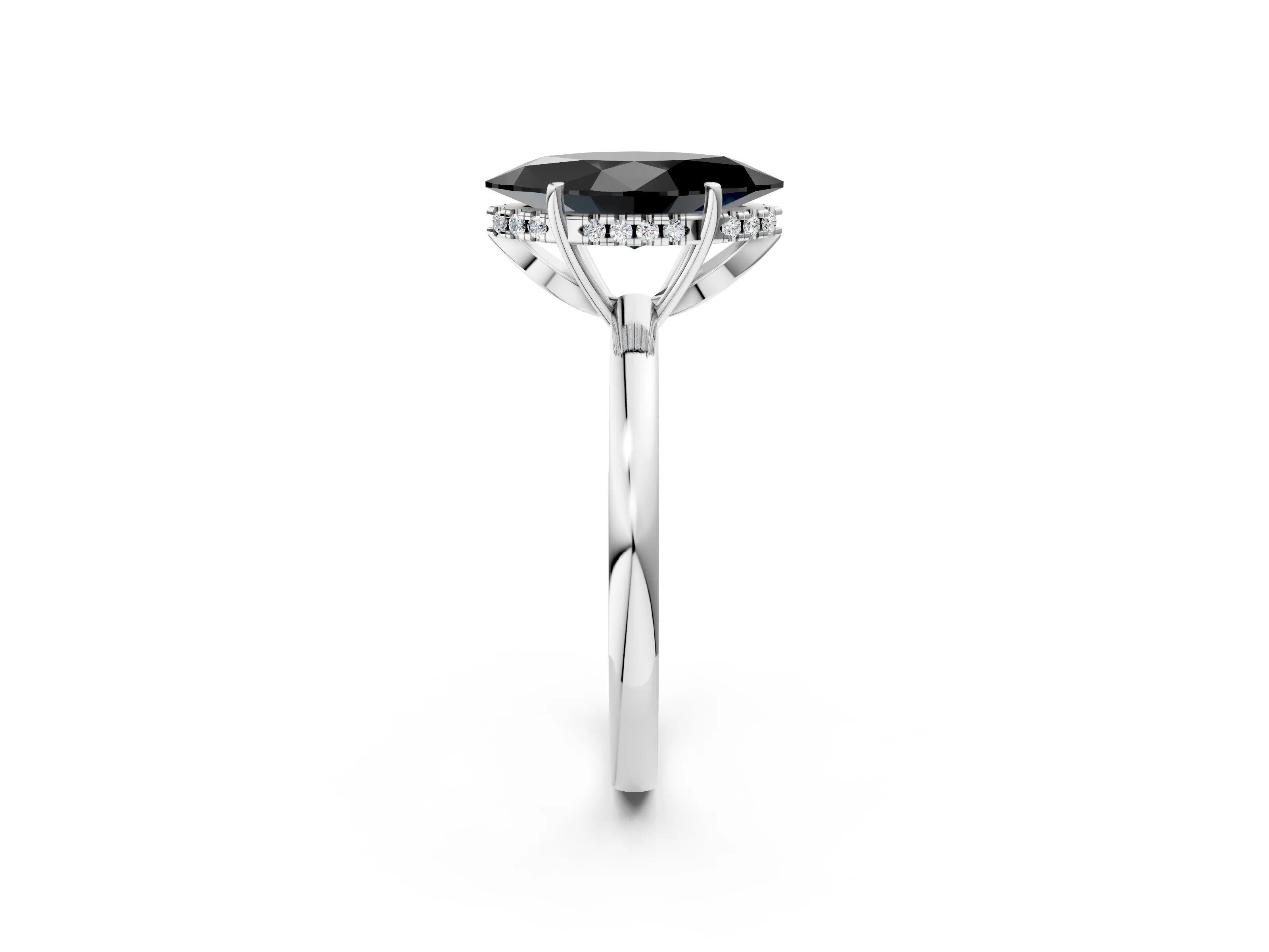 White gold Fancy Black Marquise Cut Solitaire Diamond Ring with Prong Setting and Plain Band_14