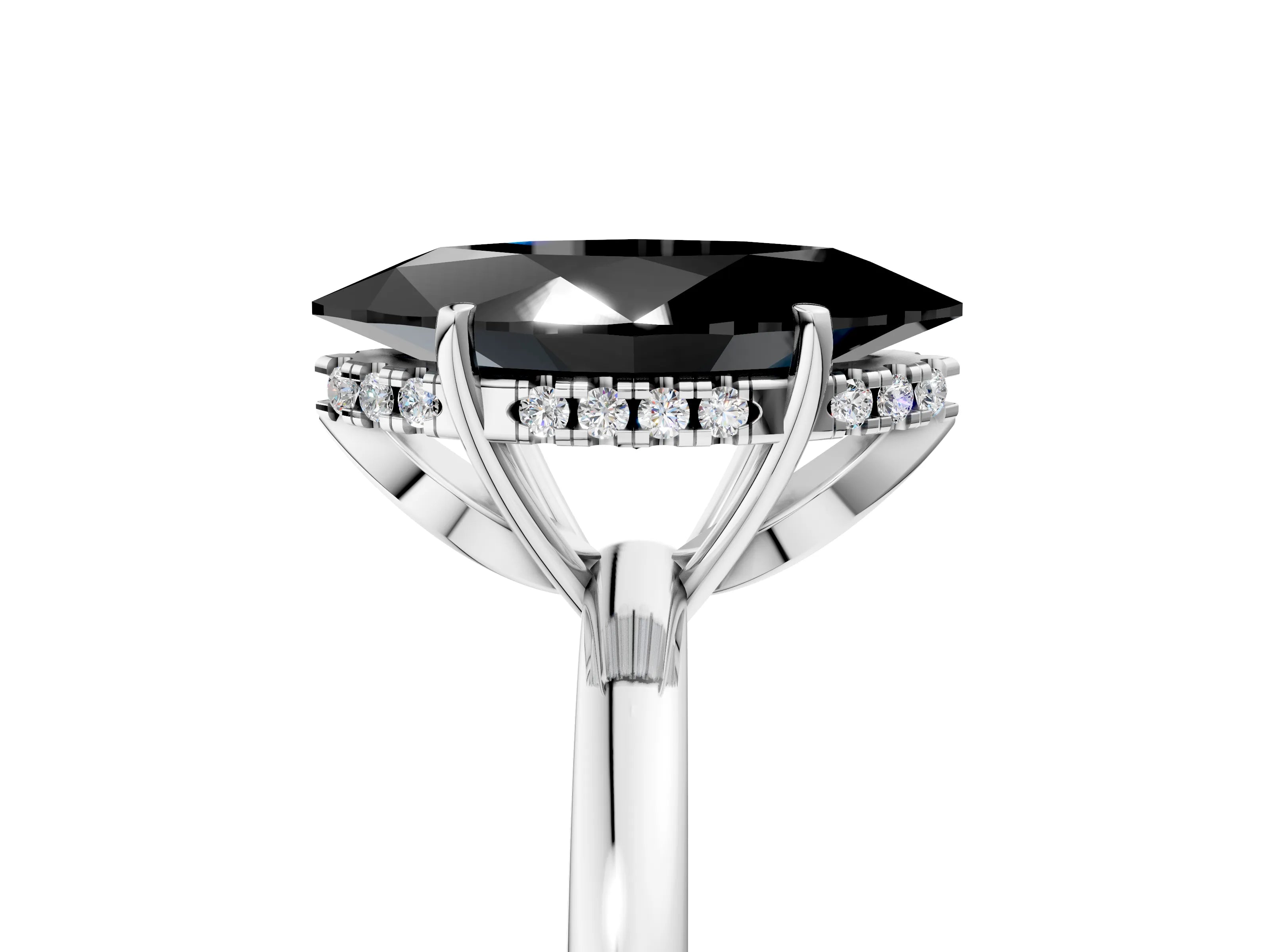 White gold Fancy Black Marquise Cut Solitaire Diamond Ring with Prong Setting and Plain Band_17
