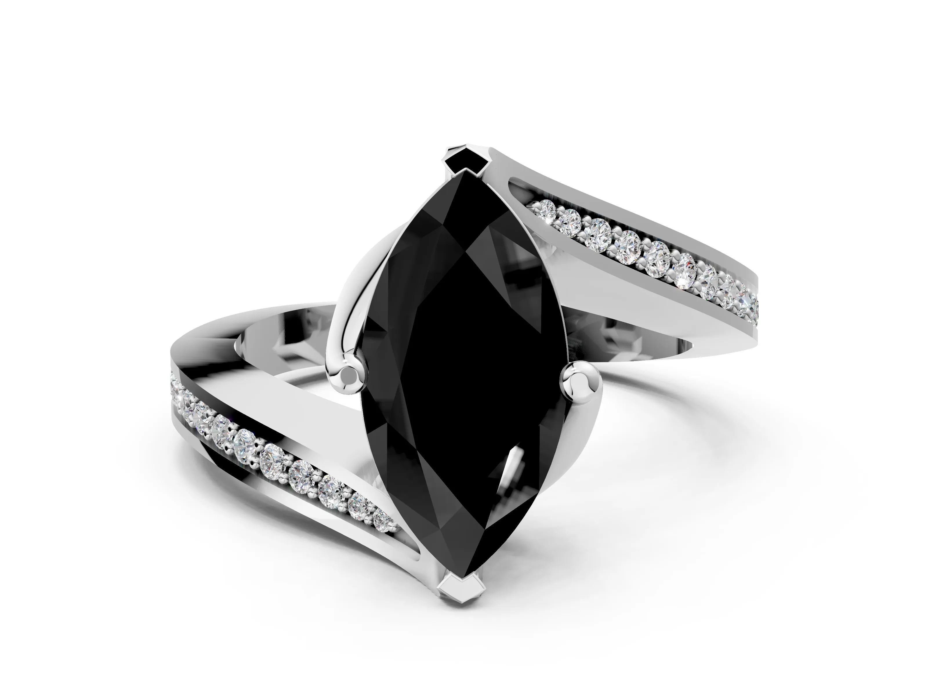 White gold Fancy Black Marquise Cut Solitaire Diamond Twist Band with Pavé Setting and Four-Prong Setting_12