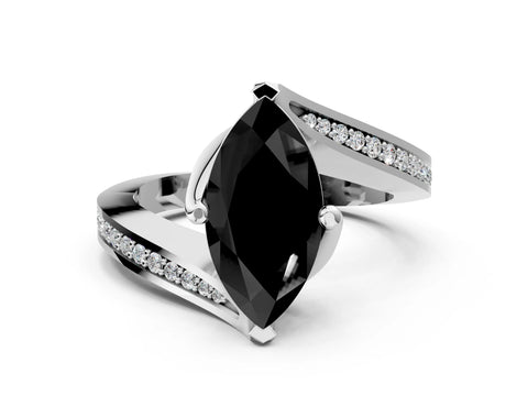 White gold Fancy Black Marquise Cut Solitaire Diamond Twist Band with Pavé Setting and Four-Prong Setting_12