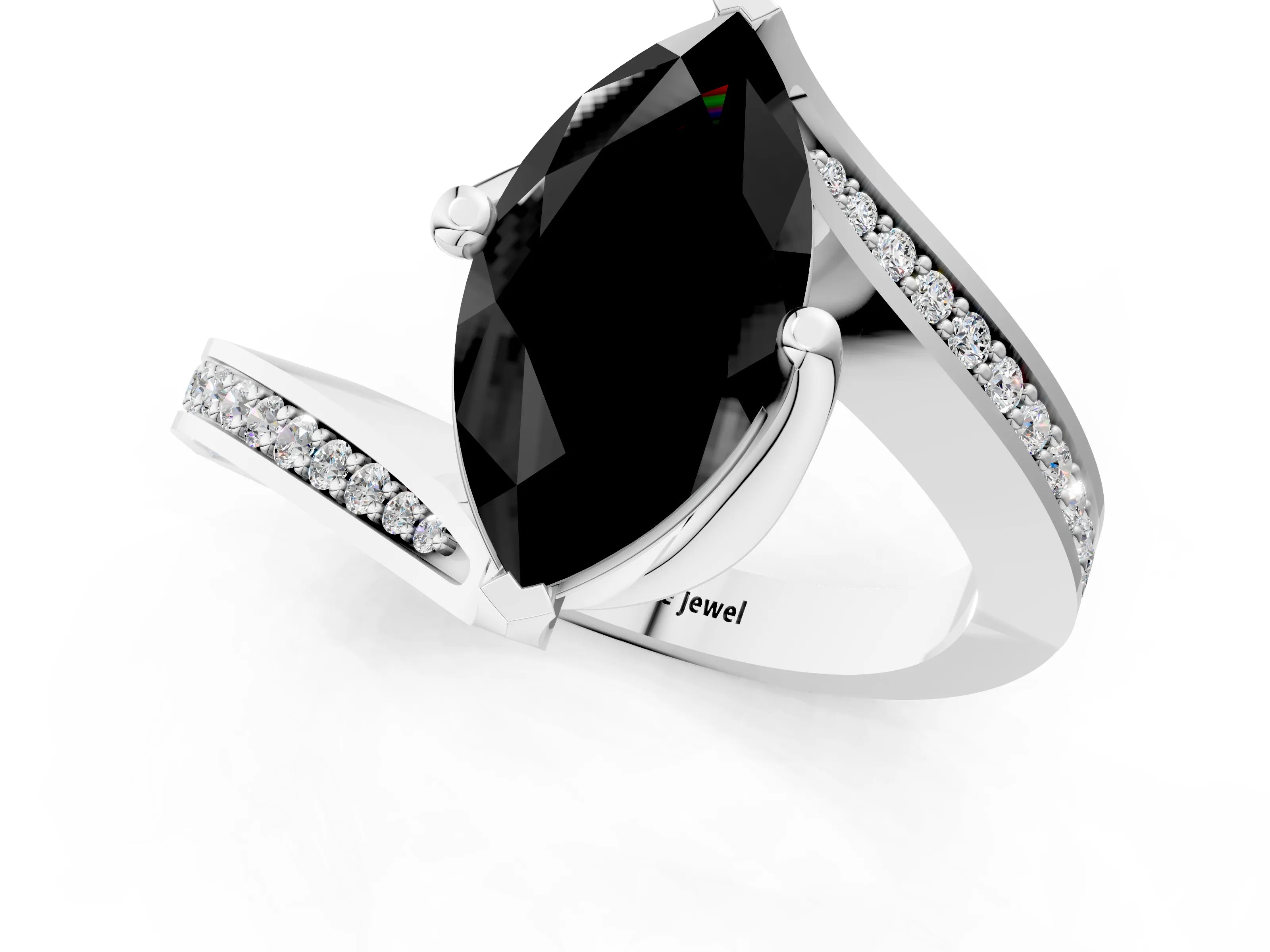 White gold Fancy Black Marquise Cut Solitaire Diamond Twist Band with Pavé Setting and Four-Prong Setting_13