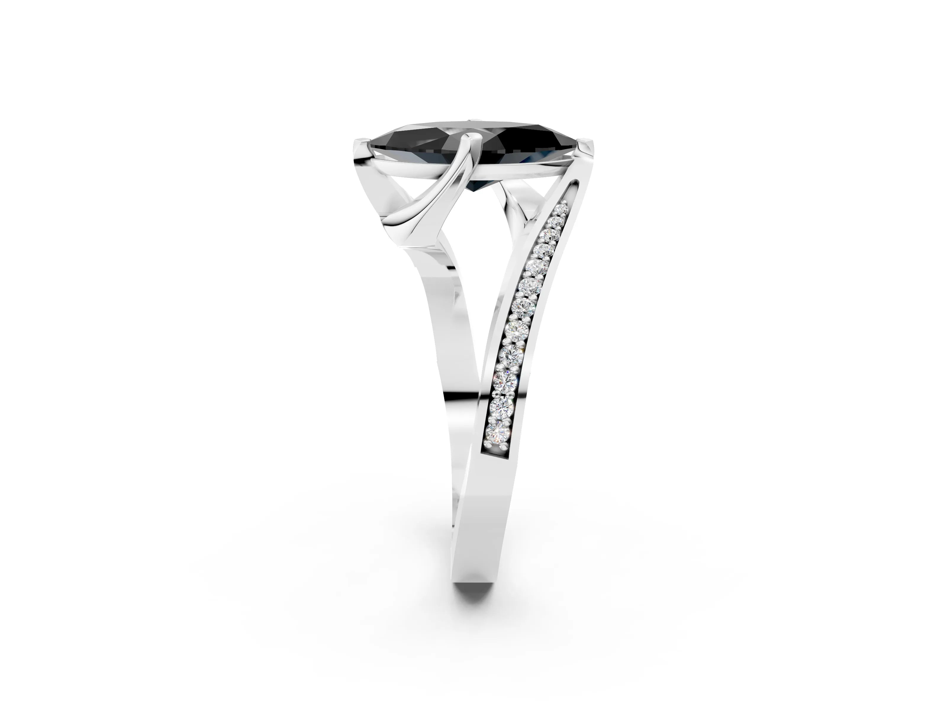 White gold Fancy Black Marquise Cut Solitaire Diamond Twist Band with Pavé Setting and Four-Prong Setting_14