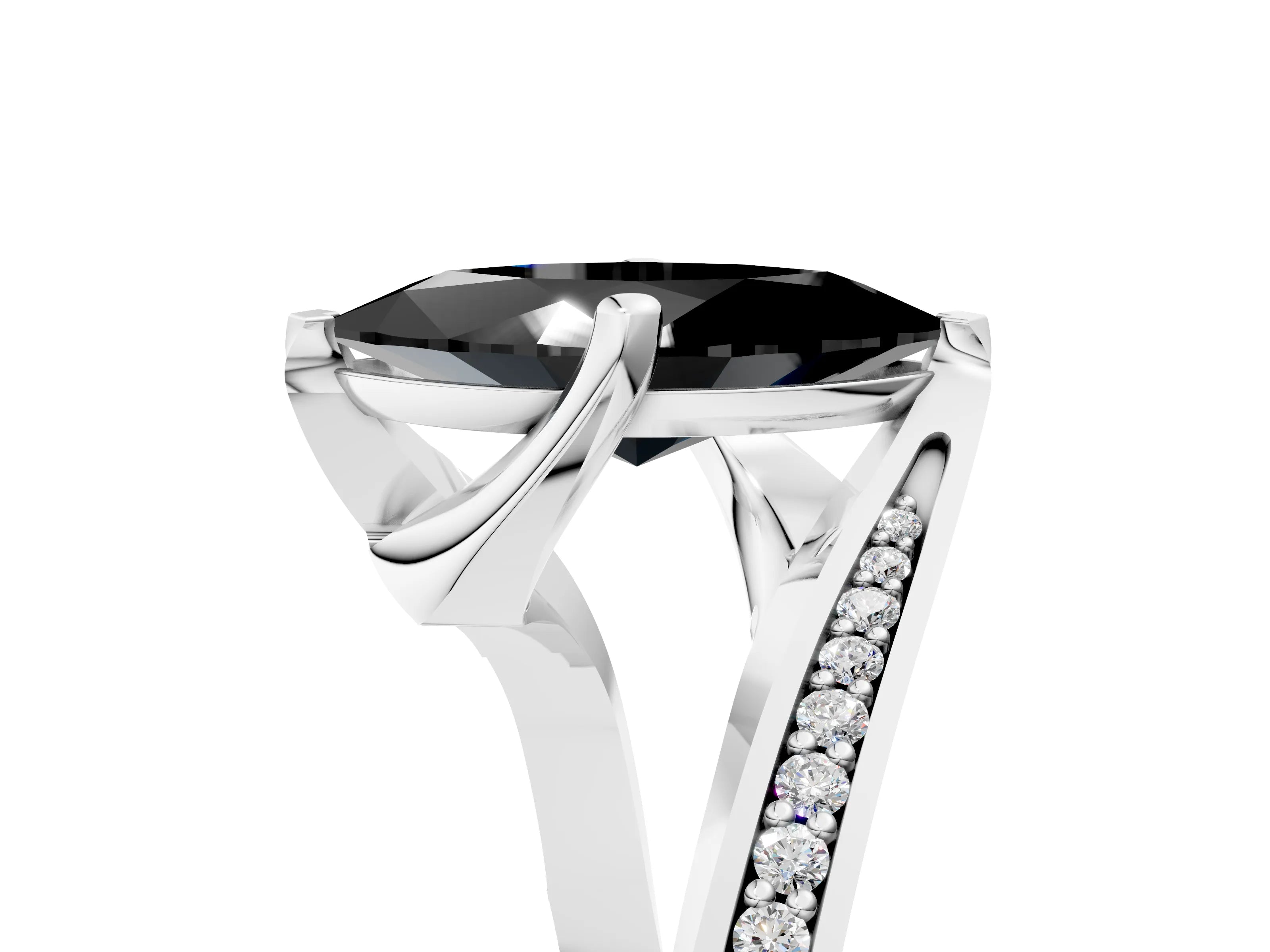 White gold Fancy Black Marquise Cut Solitaire Diamond Twist Band with Pavé Setting and Four-Prong Setting_17